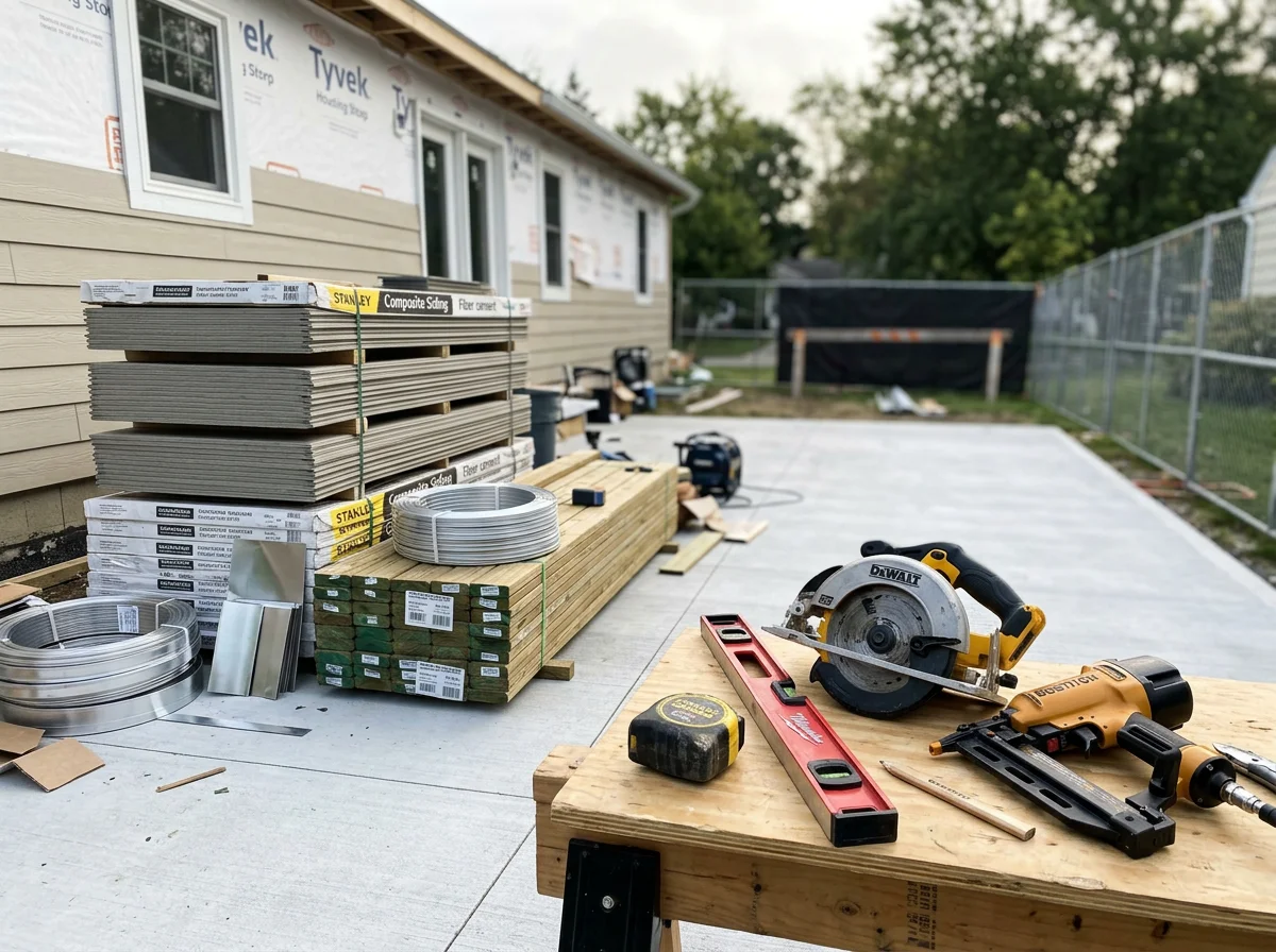Contractor tools and materials organized on a job site, ready for exterior remodeling work.