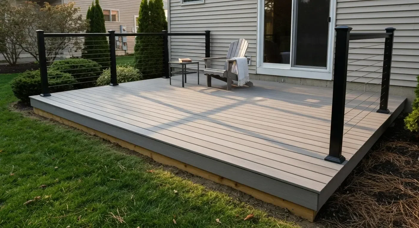 Light gray composite deck with black aluminum posts and stainless steel cable railings