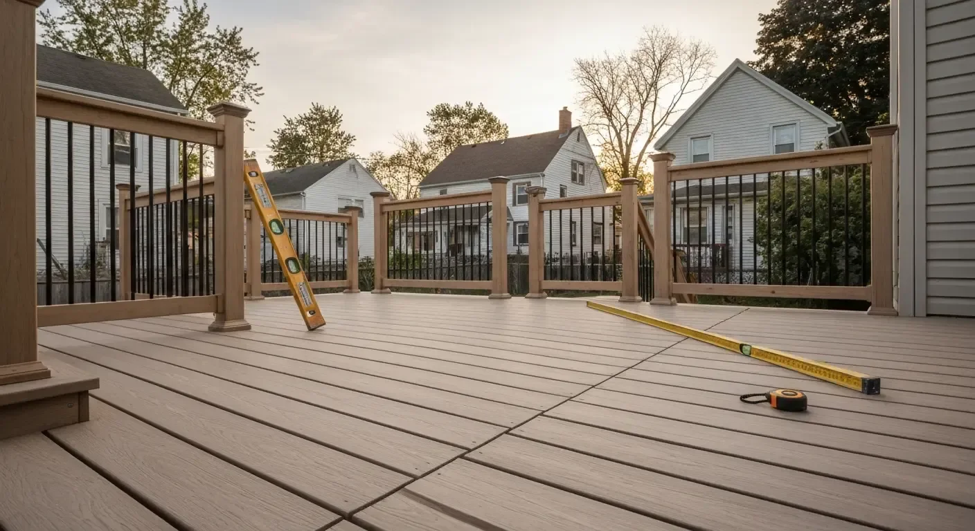 Composite deck with black metal railings, wooden posts, and multi-level design during construction