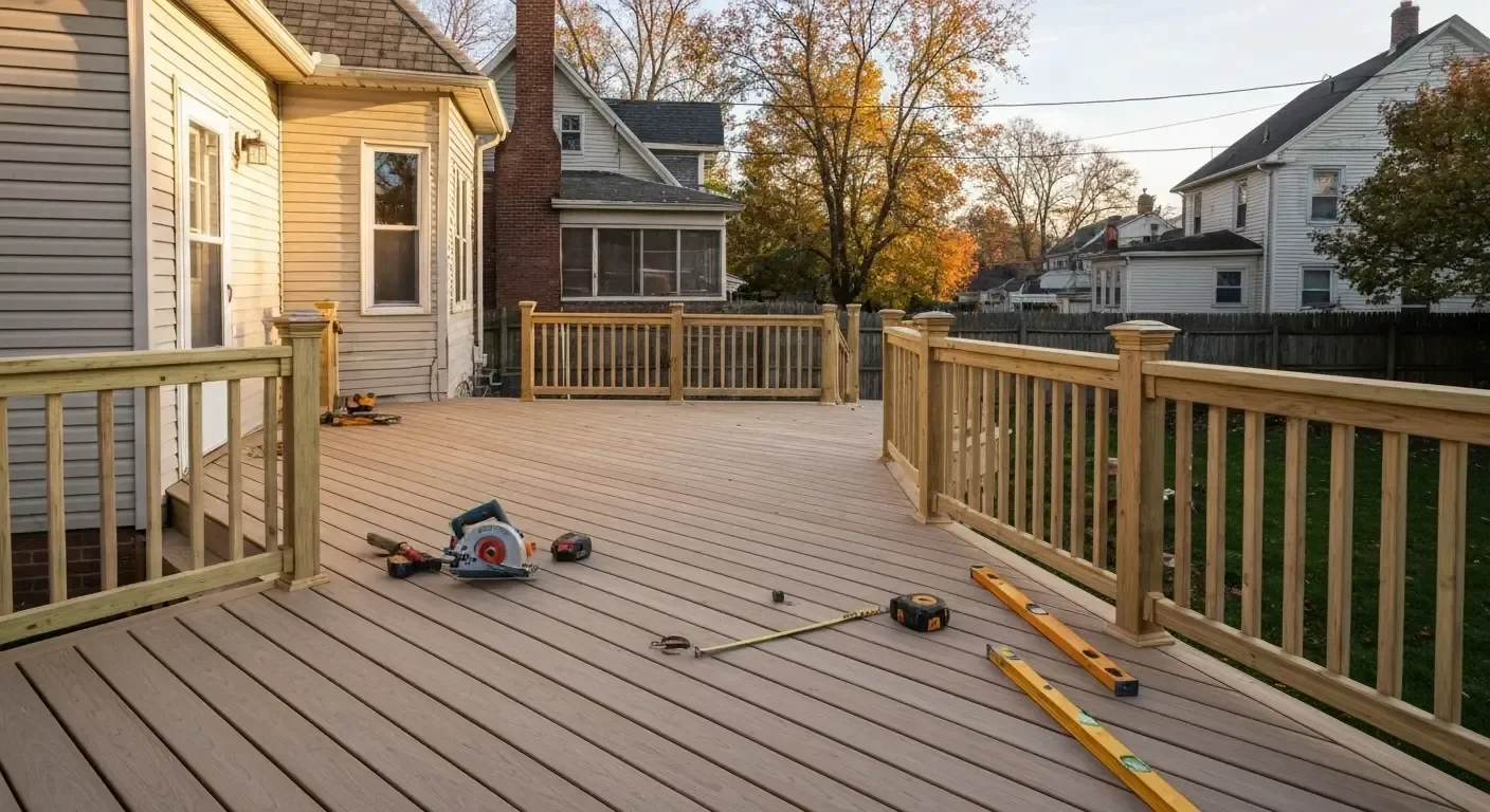 Composite deck with wood railings, multiple levels, and construction tools during final stages