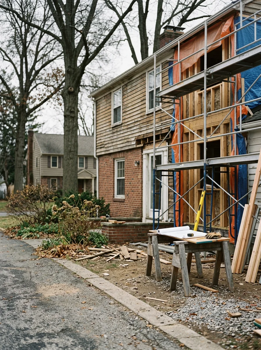 Contractor team reviewing project scope on an Amherst residential property.