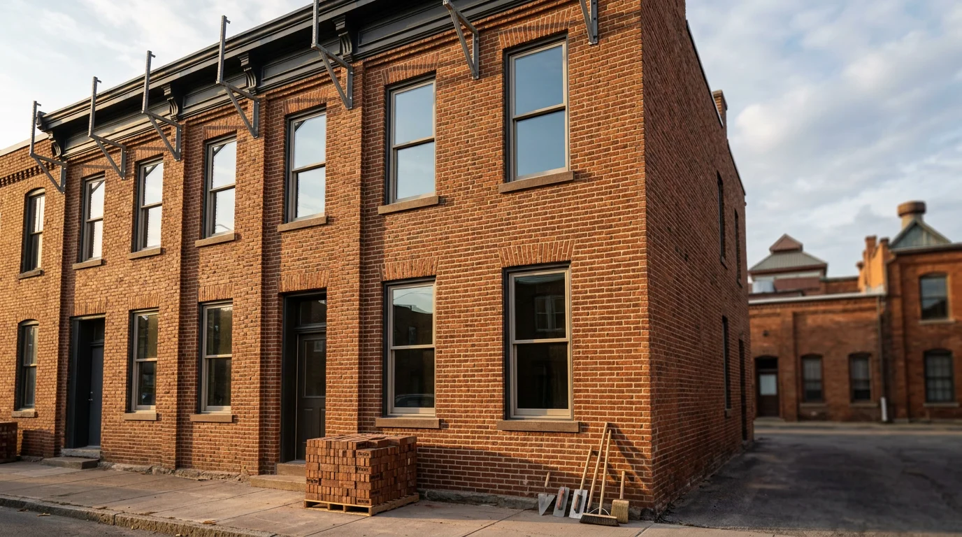 Historic brick building facade in North Tonawanda with restored windows and clean masonry work.