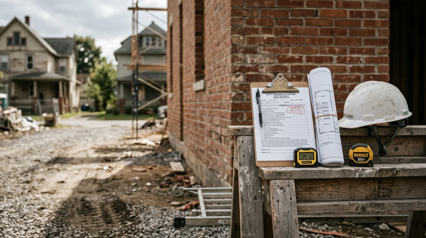 A general contractor reviewing building plans and code documentation at a residential construction site in North Tonawanda, New York. The image shows a partially framed addition with inspection-ready structural work visible.