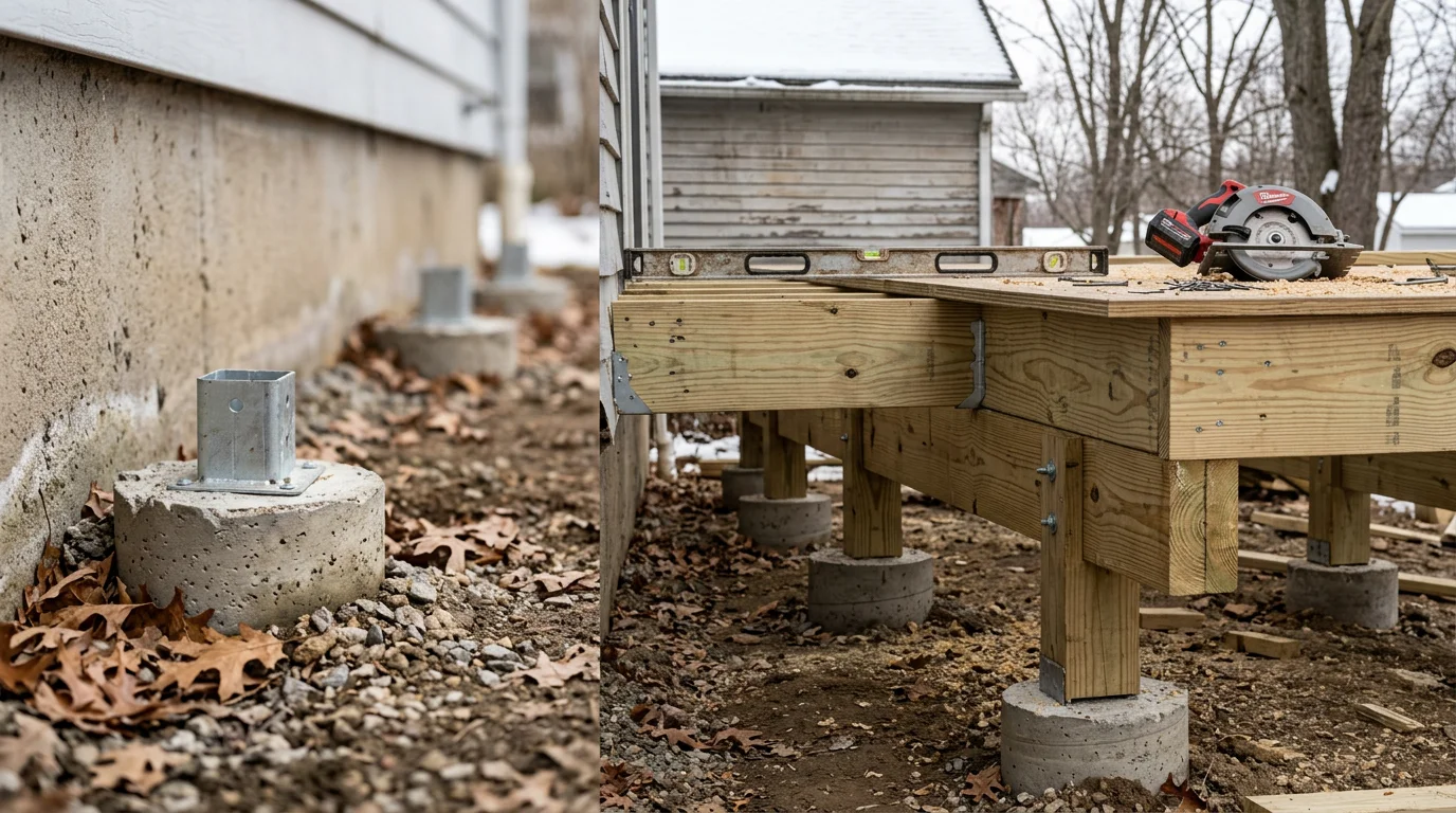 A newly built wood deck attached to the rear of a single-family home in North Tonawanda, NY, with level framing, secure post footings, and a railed perimeter. The deck overlooks a residential backyard typical of the North Tonawanda area.