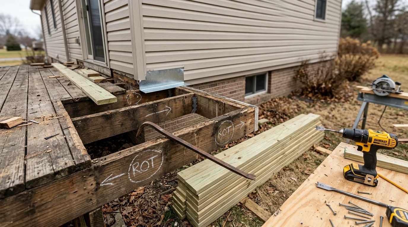 A remodeled backyard deck on a North Tonawanda residential home, showing new decking boards, updated railings, and rebuilt stairs attached to the rear of the house. The structure is clean and level with no visible rot or damage.