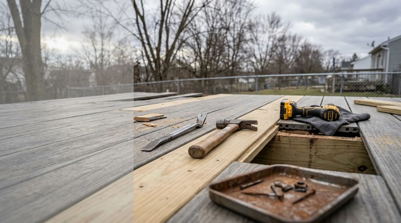 A repaired residential deck in North Tonawanda, NY showing replaced decking boards, rebuilt railings, and a structurally sound frame after freeze-thaw damage was corrected. Work completed by A+ Contracting, a local deck and porch builder serving the North Tonawanda area.