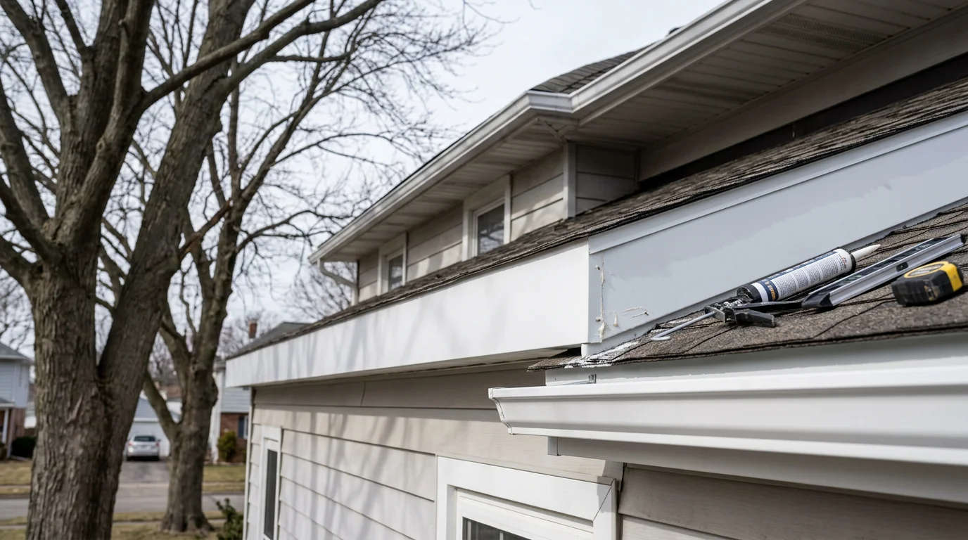 Newly installed fascia boards along the roofline of a North Tonawanda residential home, with gutters reattached and aligned against a clean, sealed roof edge. The image shows the finished roofline from street level on a single-story home typical of the Western New York area.