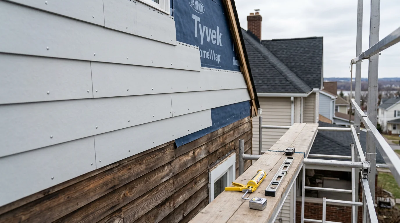 Freshly installed fiber cement siding on a two-story Colonial home in North Tonawanda, NY, showing clean horizontal plank lines and painted trim around windows. The exterior reflects the character of the neighborhood's early 20th-century housing stock with a durable, low-maintenance finish.