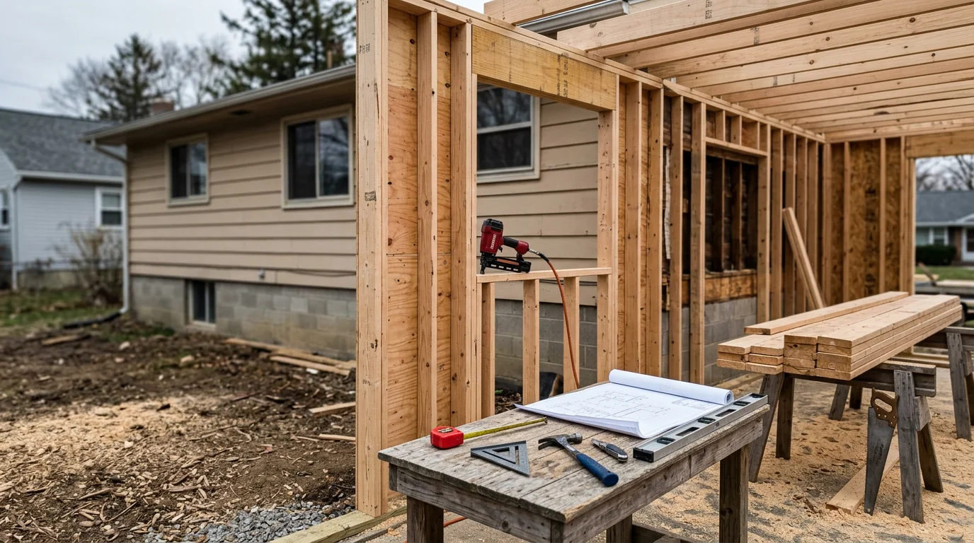 Wood framing of a residential home addition in North Tonawanda, NY, showing wall studs, header beams, and floor joists in progress. A+ Contracting crew working on structural framing for a mid-century single-family home.