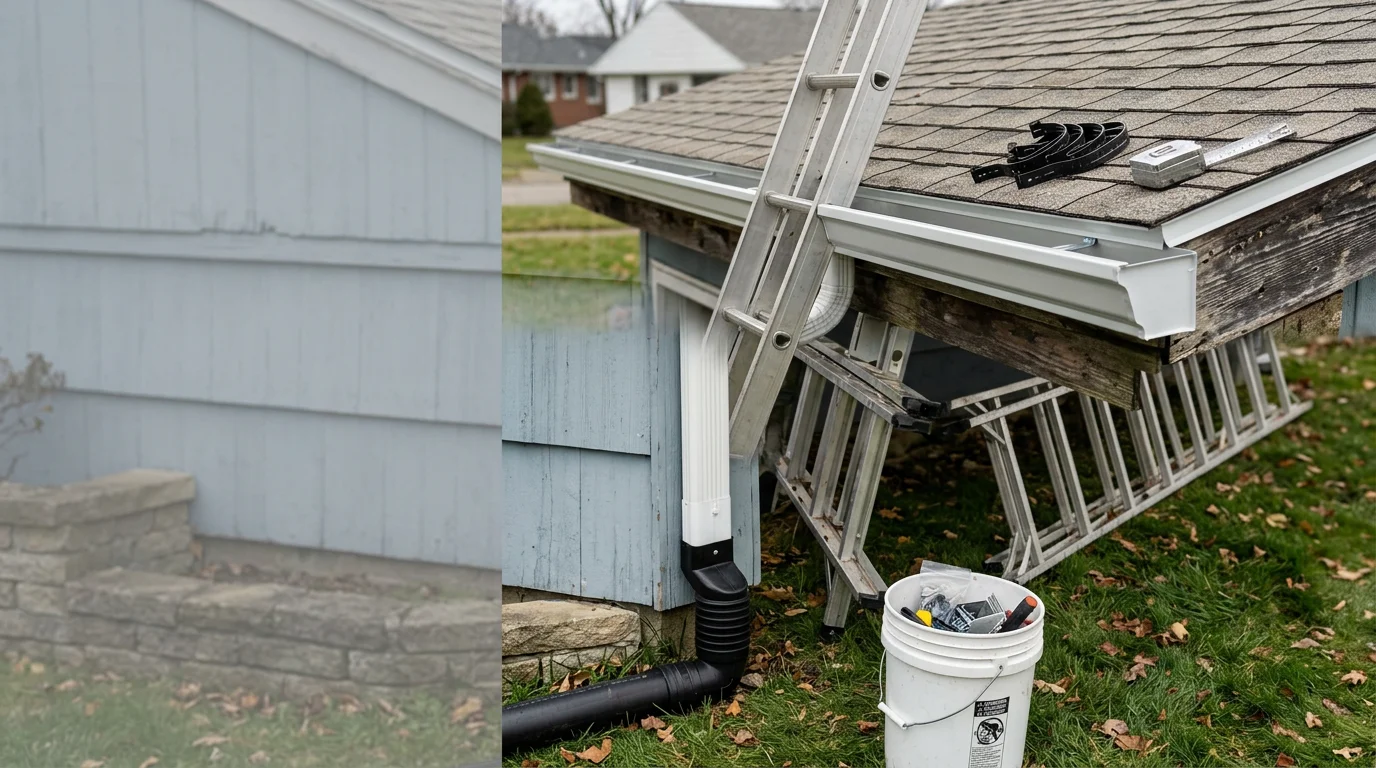 Newly installed gutters running along the roofline of a two-story residential home in North Tonawanda, NY. Downspouts are positioned at the corners, directing water away from the foundation on a cloudy Western New York day.