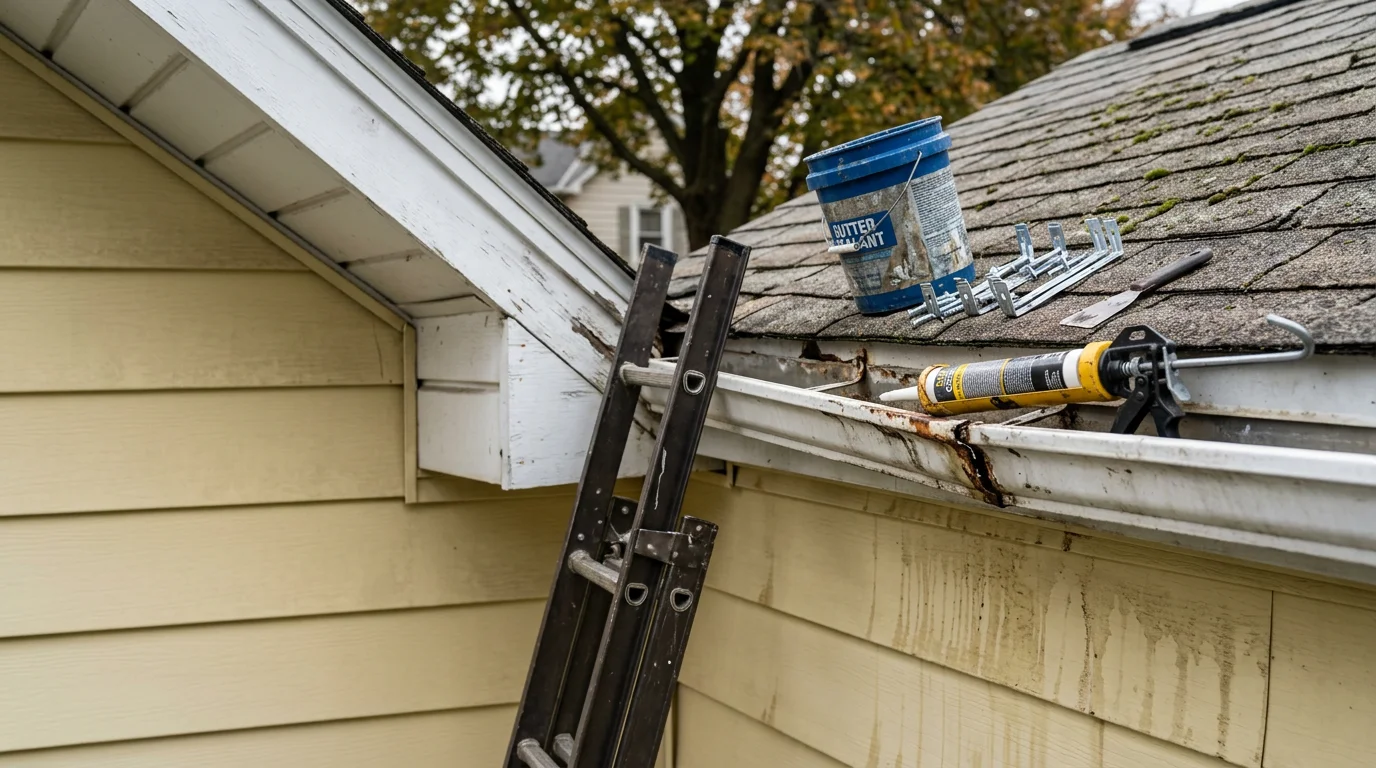 A+ Contracting crew reattaching a sagging gutter section to the fascia of a post-war single-family home in North Tonawanda, NY. The repaired gutter run shows restored alignment along the roofline with a downspout directed away from the foundation.