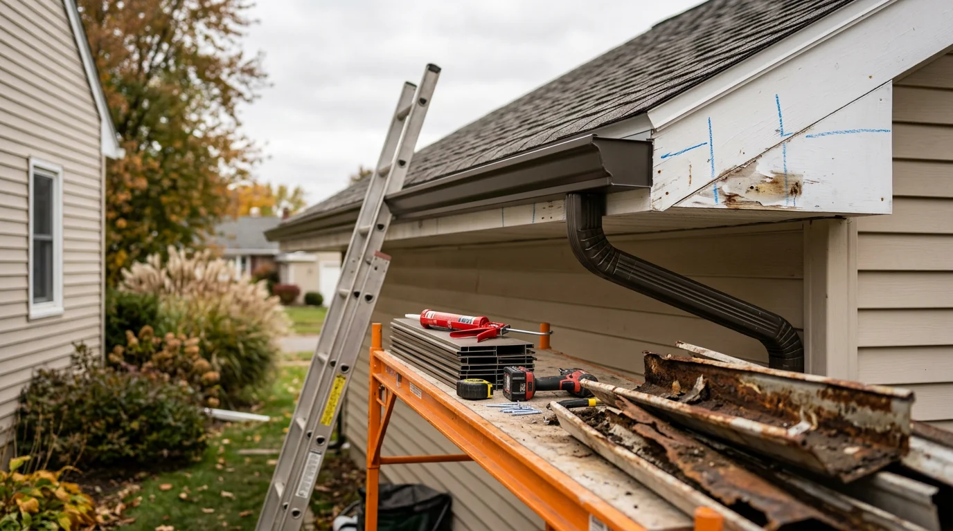 A newly installed gutter system running along the roofline of a residential home in North Tonawanda, NY, with clean fascia boards and downspouts positioned to direct water away from the foundation. Close-up view shows secure hanger spacing and a smooth, properly pitched trough ready for Western New York weather.