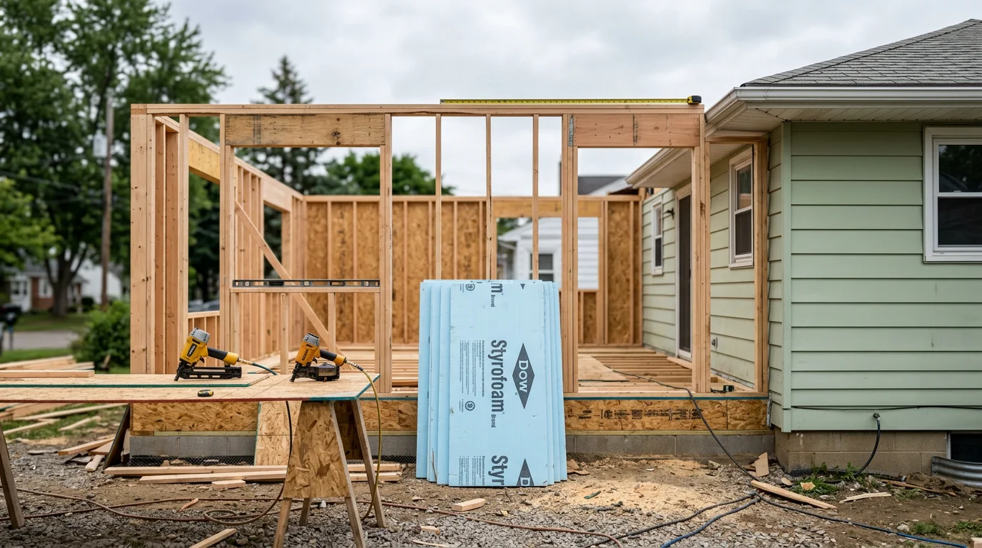 A newly completed rear home addition on a single-family ranch in North Tonawanda, NY, showing matched siding, a tied-in roofline, and new windows that align with the original structure. The addition extends the home's footprint into the backyard with a clean exterior finish.