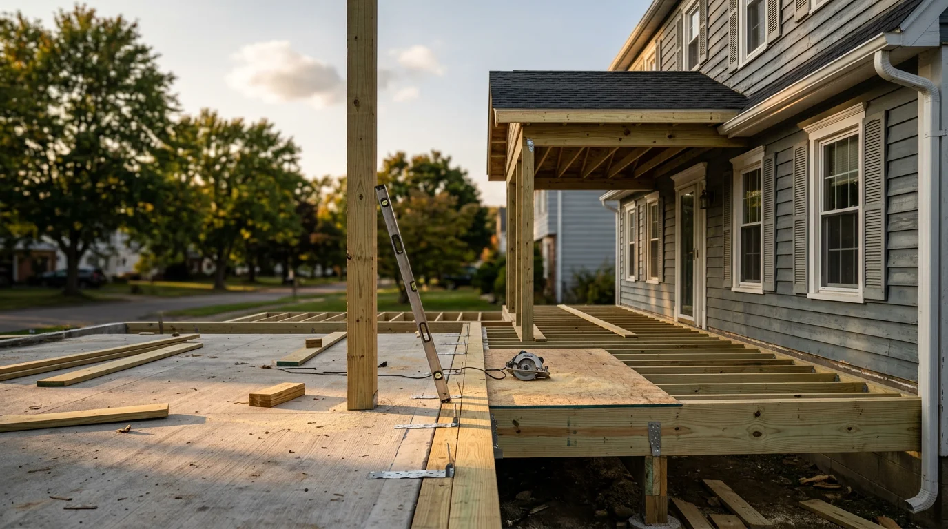 A newly built covered front porch on a single-family home in North Tonawanda, NY, with wood framing, a pitched roof, and painted railings. The porch is attached to a post-war ranch-style house on a residential street.