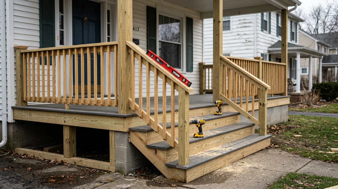 A remodeled front porch on a North Tonawanda, NY home showing new decking boards, painted railings, and rebuilt stairs. The porch structure is clean and level with no visible rot or damage.