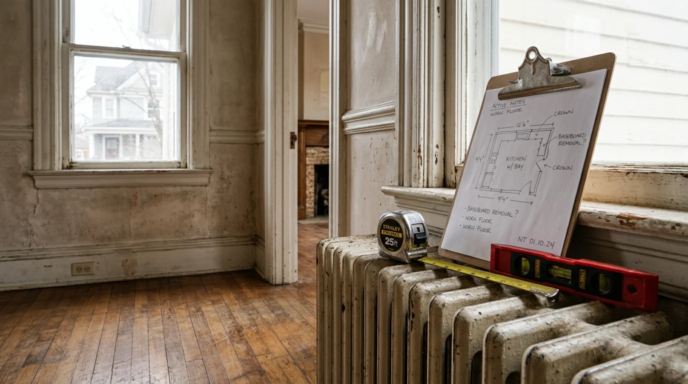 A general contractor reviewing remodeling plans with a homeowner inside an older North Tonawanda residence. The consultation takes place in a kitchen or living area with existing finishes visible and a project scope document on the table.