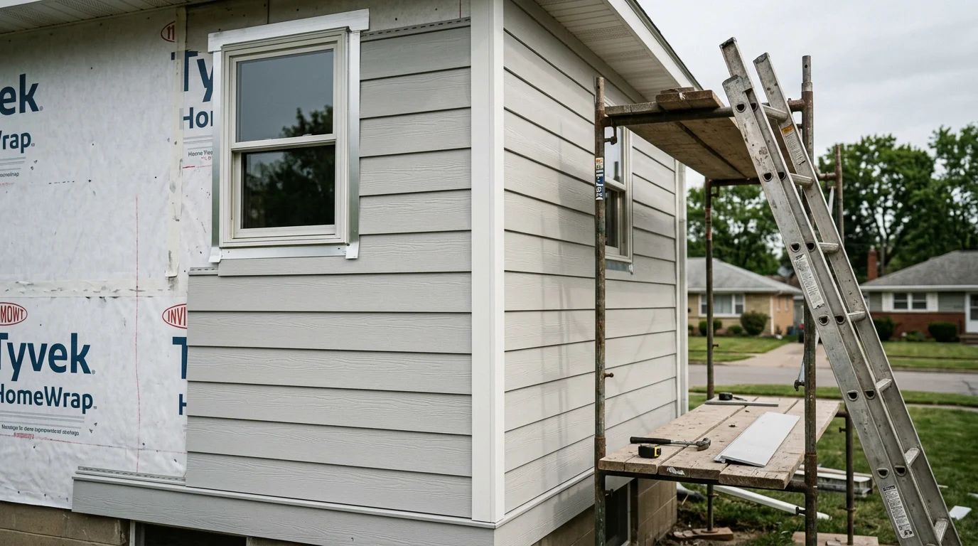 Freshly installed exterior siding on a two-story North Tonawanda home with clean corner posts and new window trim. The finished exterior shows tight panel alignment and updated fascia on a mid-century residential street.