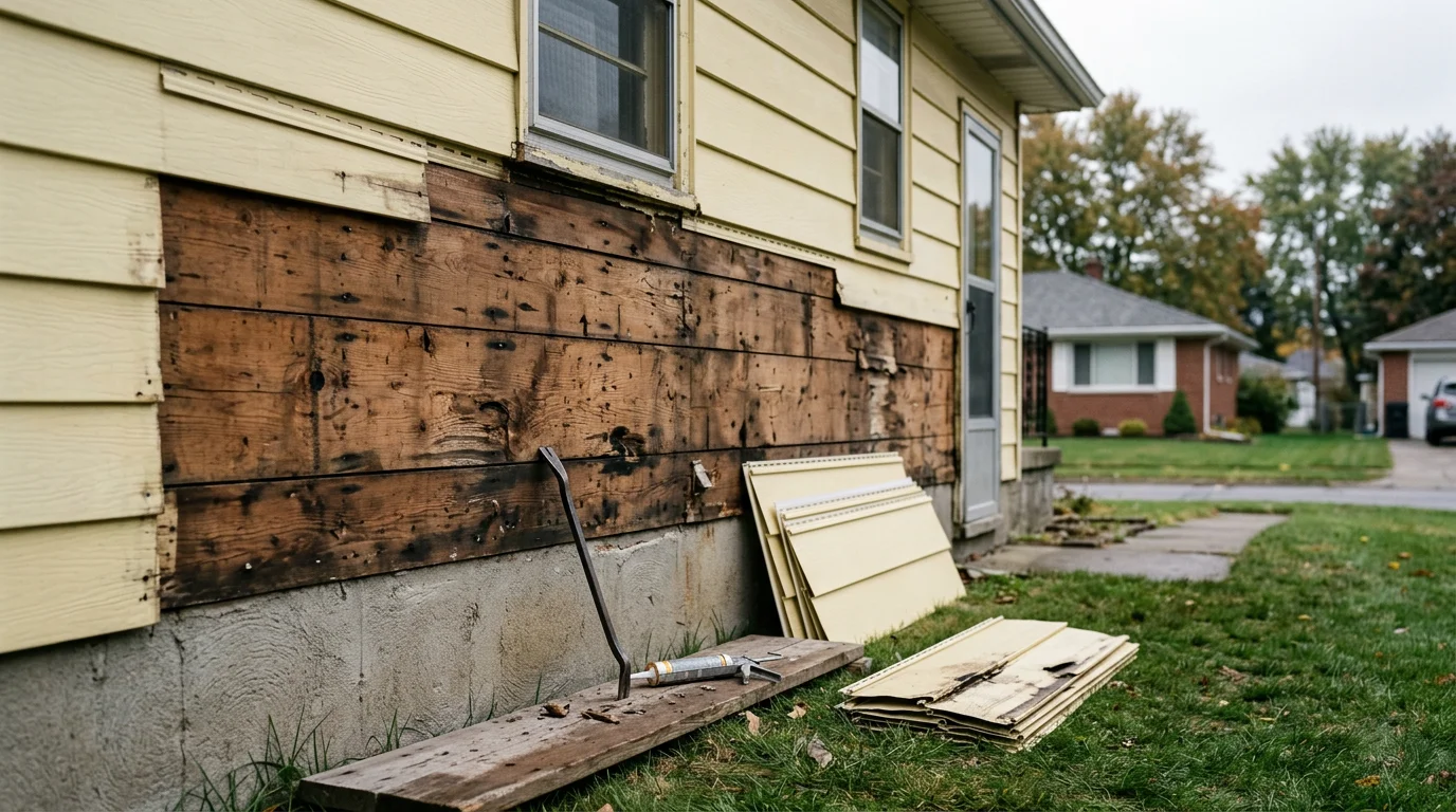 A North Tonawanda ranch-style home with freshly repaired exterior siding along the front and side walls, showing replaced panels that are flush, sealed, and free of cracks or warping. The repair work is visible against the older surrounding siding on a residential street typical of the city's post-war housing stock.