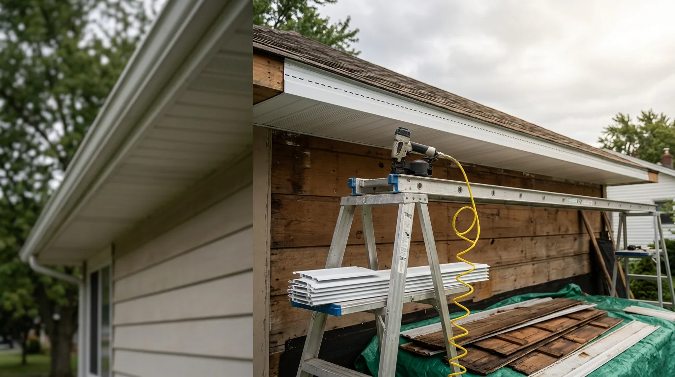Freshly installed soffit panels along the roofline of a single-family ranch home in North Tonawanda, NY. The completed work shows clean, evenly fitted panels with no gaps, viewed from the front of the property.