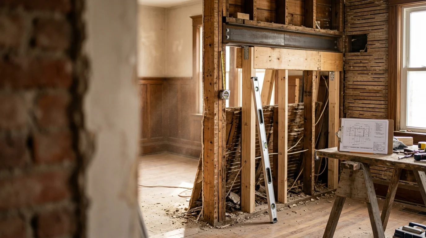 Interior of a North Tonawanda home mid-structural remodel, showing an open framed wall with a new steel beam installed where a load-bearing wall was removed. Exposed floor joists and fresh lumber framing are visible in a gutted first-floor room.